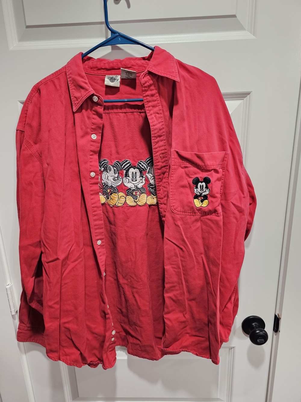 Vintage Mickey Mouse Red Button-Up Shirt with Embroidered Pocket